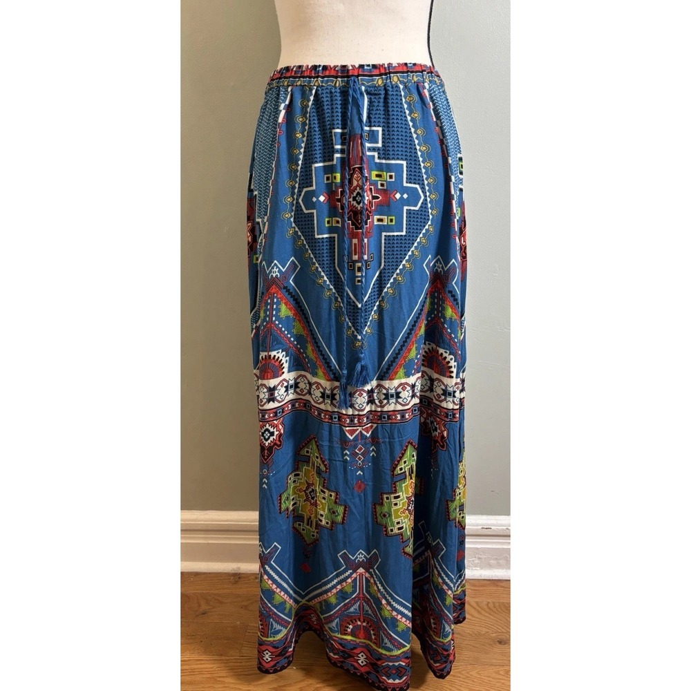 Flying Tomato Maxi Skirt Large Blue Geometric Boho Festival Rayon